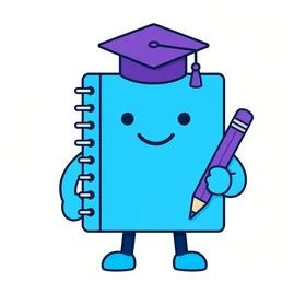 Admitly, a cyan notebook bot wearing a purple graduation cap