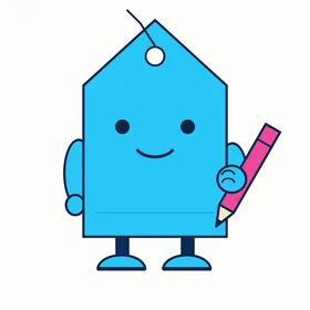Blurbly, a cyan price-tag bot holding a pink pen