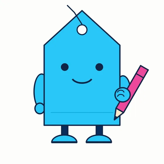 Blurbly, a cyan price-tag bot holding a pink pen