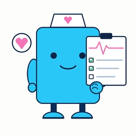 Carely, a cyan nurse bot with a heart badge holding a care plan clipboard