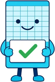 Cellby, a smiling cyan spreadsheet bot holding a card with a green check mark
