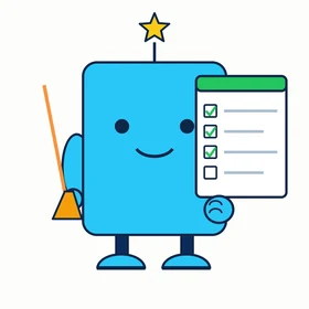 Chorely, a cyan bot with a gold star antenna holding a broom and a checkbox chart card