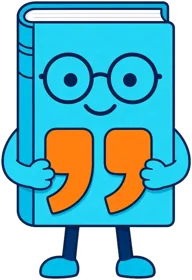 Citely, a cyan book bot in round glasses holding an orange quotation mark