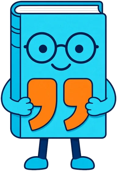 Citely, a cyan book bot in round glasses holding an orange quotation mark