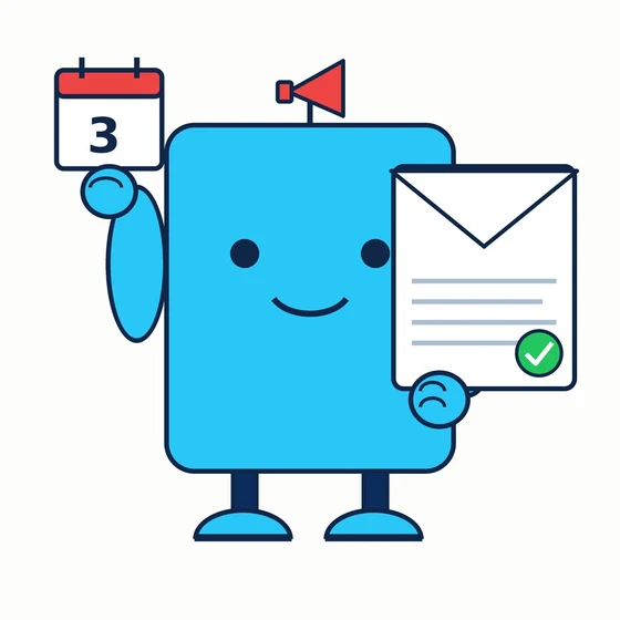 Complainly, a cyan bot with a red megaphone antenna holding up a calendar and a letter card with a green check