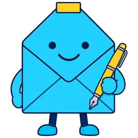 Coverly, a cyan envelope bot holding a yellow fountain pen