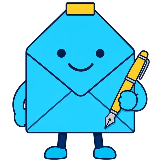 Coverly, a cyan envelope bot holding a yellow fountain pen