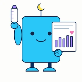 Cradly, a cyan bot holding a baby bottle and a small moon, beside a log card