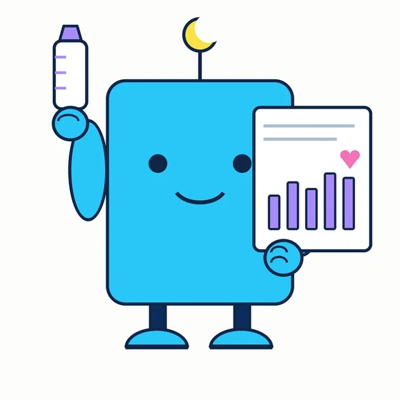 Cradly, a cyan bot holding a baby bottle and a small moon, beside a log card