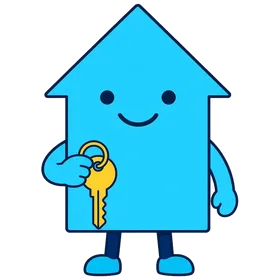 Deedly, a cyan house bot holding a yellow key