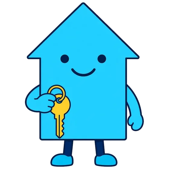 Deedly, a cyan house bot holding a yellow key