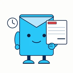 Duely, a cyan envelope bot holding an invoice with a clock badge