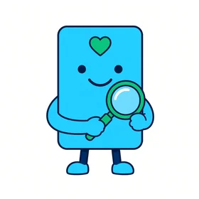 Enrolly, a cyan insurance card bot holding a green magnifier