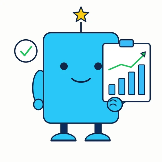 Evaly, a cyan bot holding a clipboard with a rising bar chart