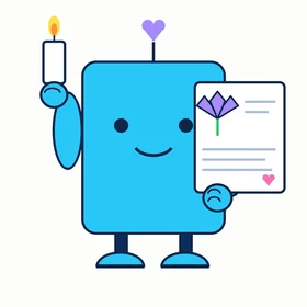 Fondly, a cyan bot holding a candle and a card with a heart