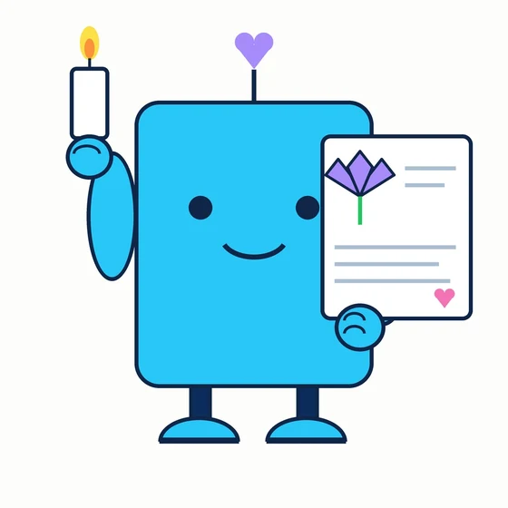Fondly, a cyan bot holding a candle and a card with a heart