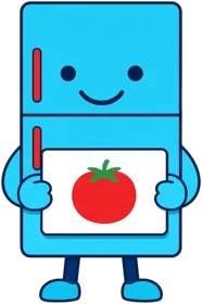 Fridgely, a smiling cyan fridge bot with red handles holding a tomato card
