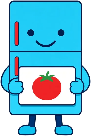Fridgely, a smiling cyan fridge bot with red handles holding a tomato card