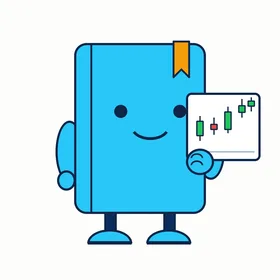Journly, a cyan journal bot holding a chart card with green and red candles