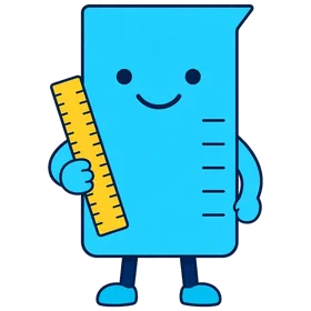 Lably, a cyan beaker bot holding a yellow ruler