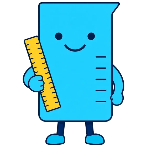 Lably, a cyan beaker bot holding a yellow ruler