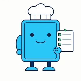 Menuly, a cyan menu-board bot in a white chef hat holding a checked grocery list