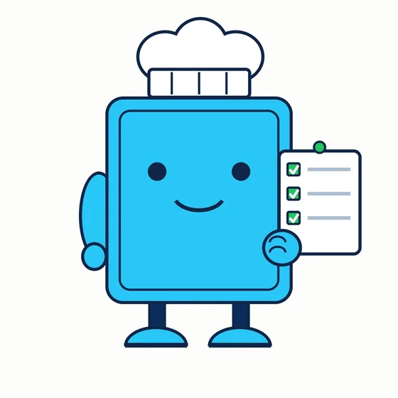 Menuly, a cyan menu-board bot in a white chef hat holding a checked grocery list