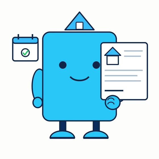 Noticely, a cyan bot holding a calendar and a letter with a house icon