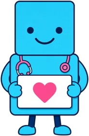 Nursly, a smiling cyan bot with a pink stethoscope holding a heart card