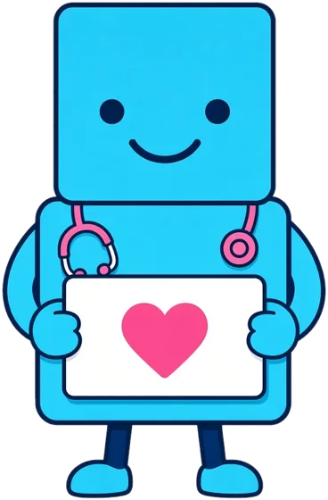Nursly, a smiling cyan bot with a pink stethoscope holding a heart card