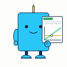 Planly, a cyan planner bot holding a one-page plan with a rising chart