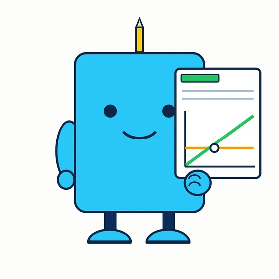 Planly, a cyan planner bot holding a one-page plan with a rising chart