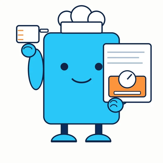 Portionly, a cyan bot in a chef hat holding a measuring cup and a kitchen scale