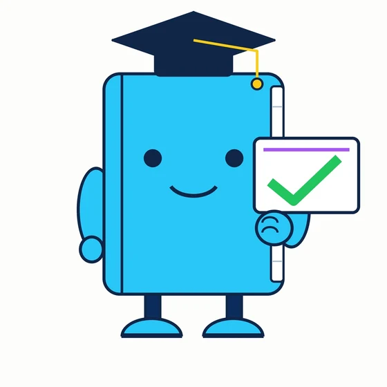 Quizly, a cyan book-shaped study bot holding a flashcard with a big check mark