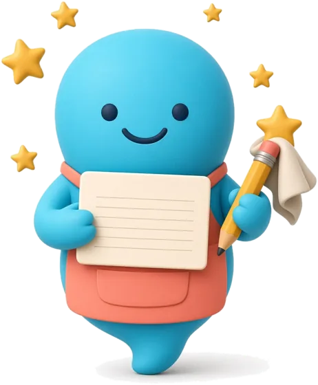 Replyly, a cyan speech-bubble bot in a coral apron holding a note card