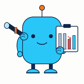 Rivaly, a cyan bot with a spyglass and a clipboard showing a price change chart