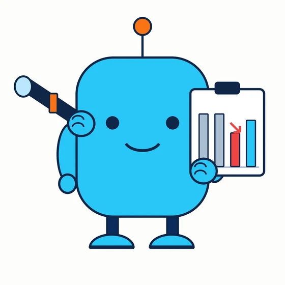 Rivaly, a cyan bot with a spyglass and a clipboard showing a price change chart