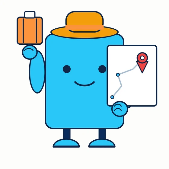 Roamly, a cyan bot in a sun hat holding a suitcase and a map card with a pin