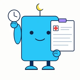 Sitterly, a cyan bot with a moon antenna holding up a clock and a clipboard sheet with a red cross