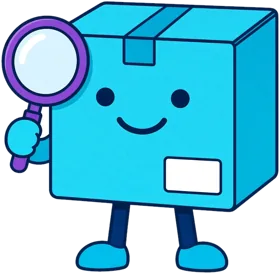 Specly, a smiling cyan shipping box bot holding a purple magnifying glass