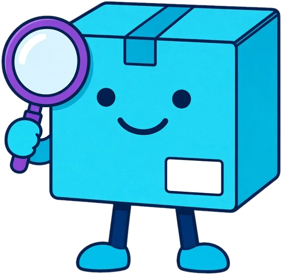 Specly, a smiling cyan shipping box bot holding a purple magnifying glass