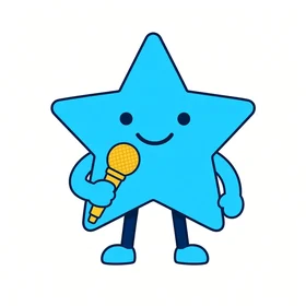 Starly, a cyan star bot holding a yellow microphone
