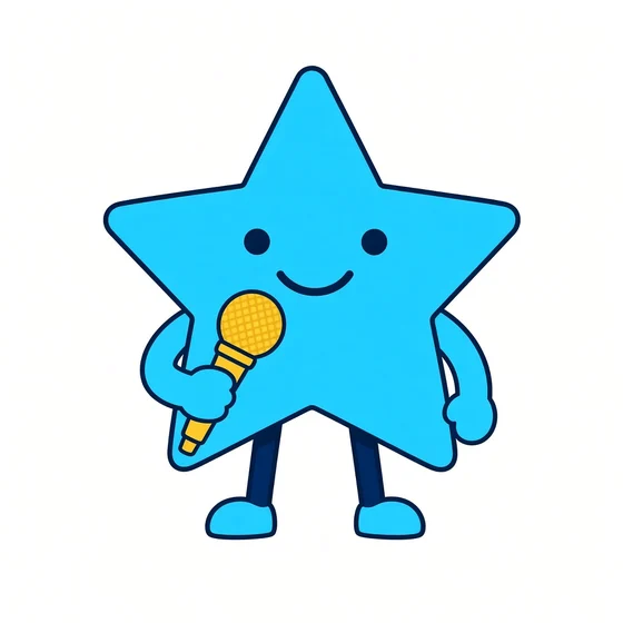 Starly, a cyan star bot holding a yellow microphone