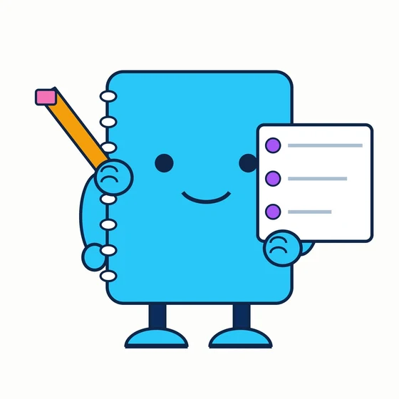 Thesly, a cyan notebook-shaped coach bot holding a pencil and an outline card with 3 numbered points