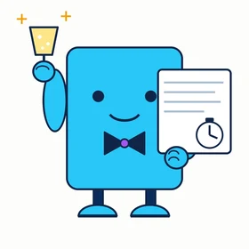Toastly, a cyan bot in a bow tie raising a glass, holding a speech card