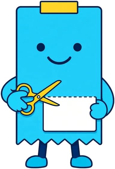 Trimly, a smiling cyan receipt bot holding yellow scissors