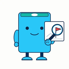 Vetly, a cyan inspector bot with a magnifying glass over a red warning flag on a chart card